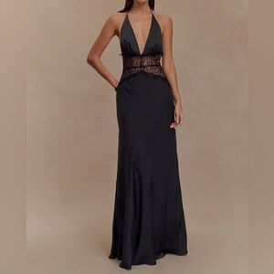Meshki Dinah Lace Satin Maxi Dress Size Small in Black